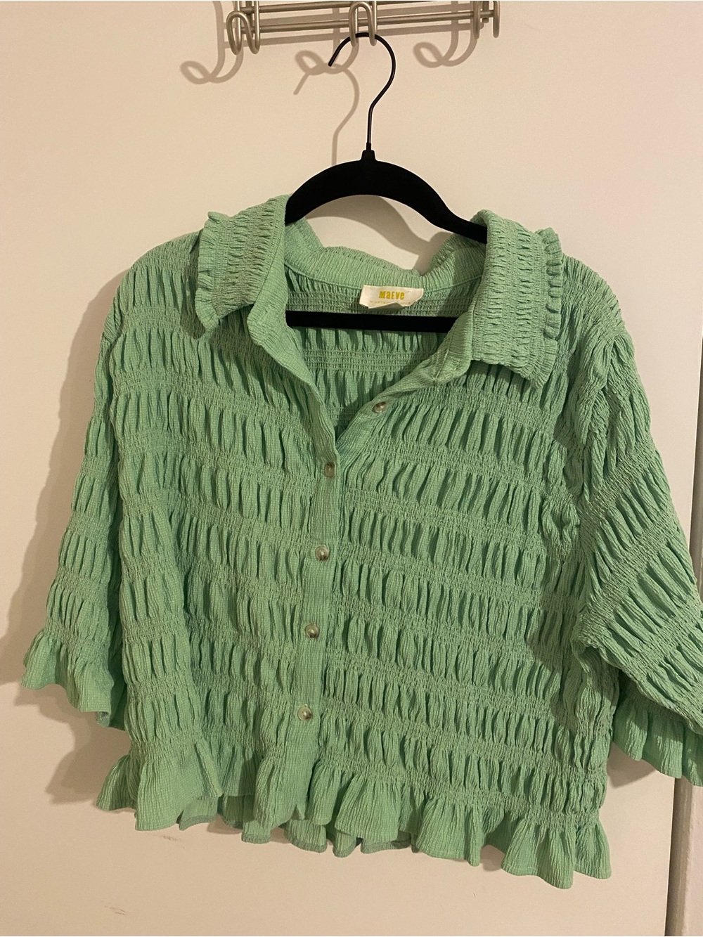 Maeve Light Mint Green Textured Ruffle Button-Down Top